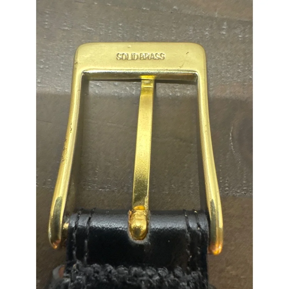 Italian Full Grain Leather Belt Mens 34 Black Solid Brass Buckle Made in Italy